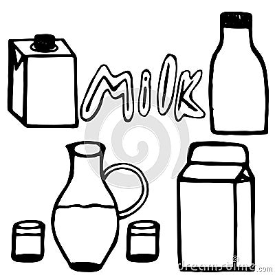 Vector illustration. Close-up of milk containers and the inscription on a white isolated background. Cartoon Illustration